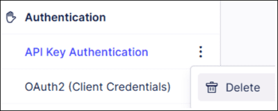 Authentication menu expanded to show the delete option.