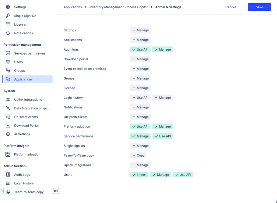 Screenshot showing an example of the selected permissions.