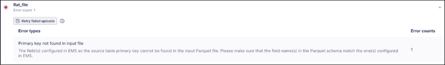 Screenshot showing an error expanded on the Monitoring tab to show the Retry failed uploads button