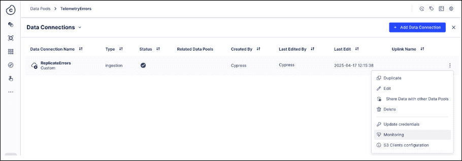 Screenshot showing the options menu on the Data Connections screen with the Monitoring option selected.