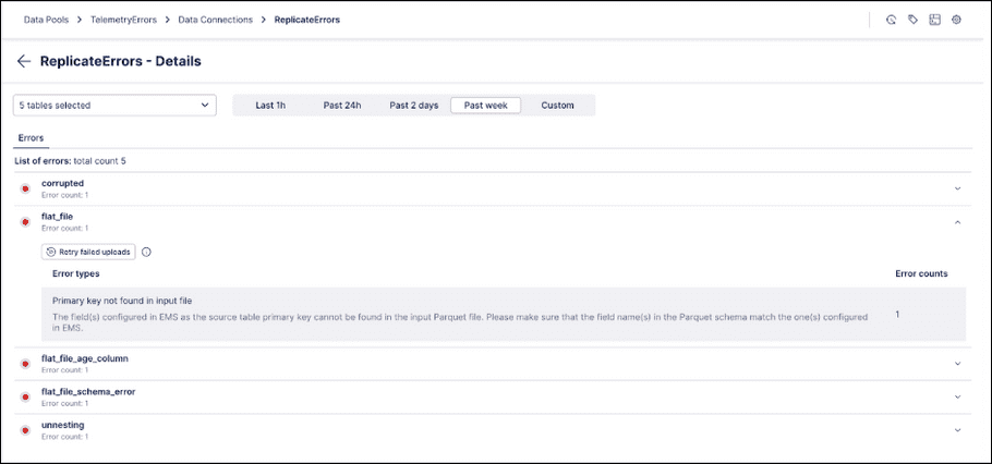 Screenshot showing errors on the Monitoring screen with the flat_file error expanded.