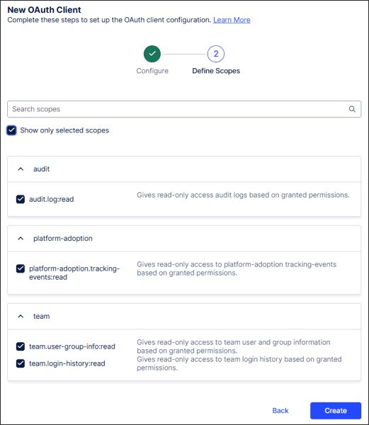 Screenshot showing Step 2 of the New OAuth Client screen.